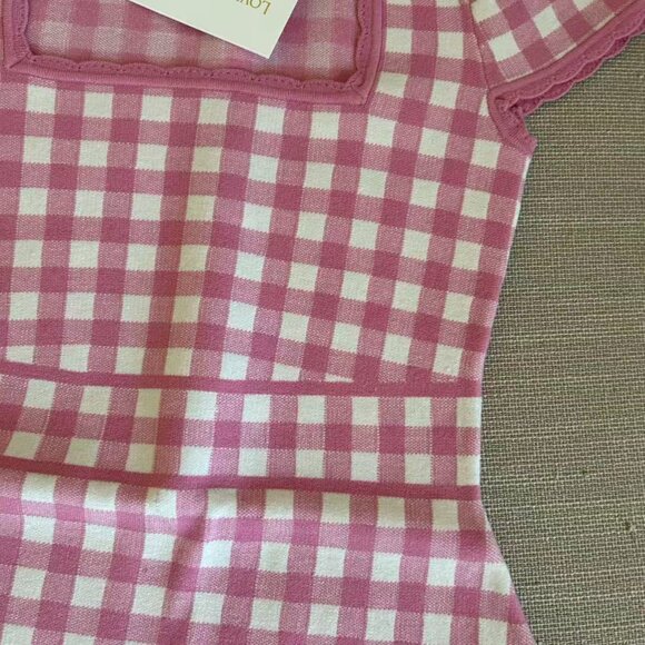 NWT LoveShackFancy Kellen Plaid Knit Mini Dress XSmall Pink Pearl Plaid - Picture 5 of 9